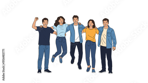 Group of five diverse and happy young friends standing close together and jumping in a display of friendship and positive energy.