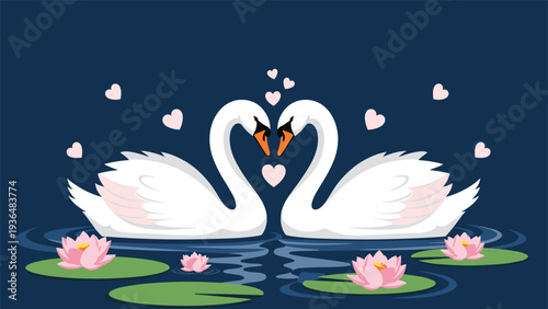 Elegant pair of white swans forming a heart shape with their necks on a calm dark blue pond with pink lotus flowers and floating hearts.