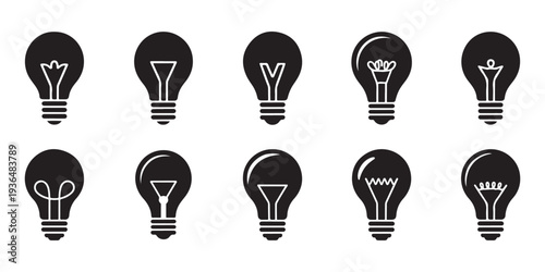 Collection of Diverse Incandescent Light Bulb Icons, Symbolizing Ideas, Innovation, and Energy Solutions, Isolated on White Background.