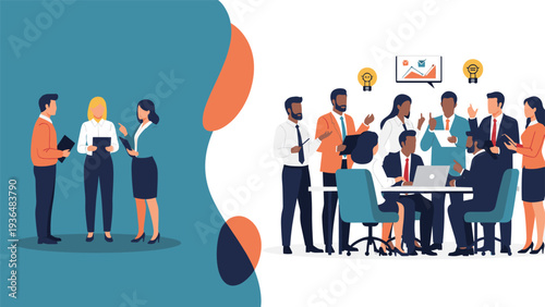 Professional business team engaging in a collaborative meeting to discuss data strategies and corporate goals with various charts and graphs.