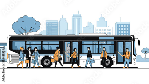 Simplified city transit scene showing diverse passengers boarding and exiting a large public bus on a street with a city skyline background.