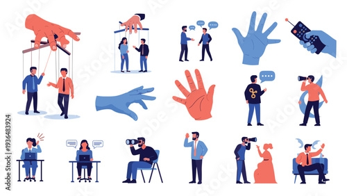 Conceptual business illustrations depicting themes of manipulation, observation, communication, and control through various human interactions.