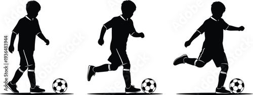 Kids soccer player silhouettes dribbling and kicking football ball, children sport activity vector illustration, young athlete training isolated