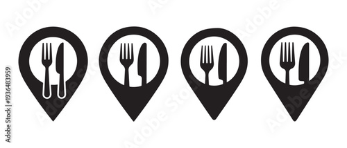 Restaurant Location Icons. Set of Map Pins with Fork and Knife Symbols, Finding Food Places Online.