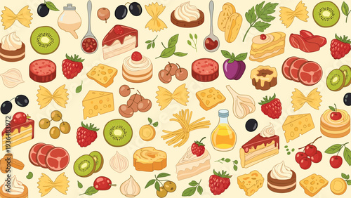 Rich seamless pattern design filled with diverse food elements including fruit, meat slices, pasta shapes, desserts, and kitchen ingredients.