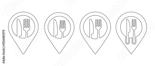 Restaurant Location Icons. Set of Map Pins with Fork and Knife Symbols, Finding Food Places Online.