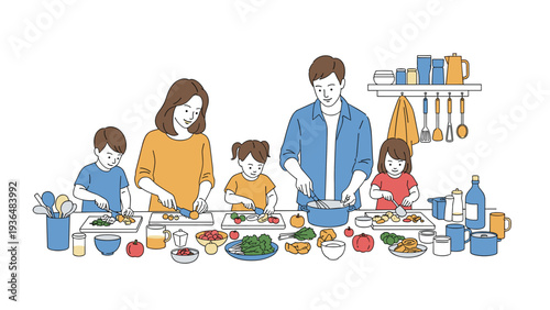 Happy family with three children preparing healthy meals together in a kitchen with various vegetables and cooking utensils.