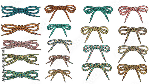 Comprehensive set of various tied shoelace bows in different colors and patterns like polka dots and stripes on a white background.