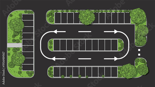 Architectural top-down site plan of a parking lot featuring parking stalls, landscaping with trees, and white directional driving arrows.