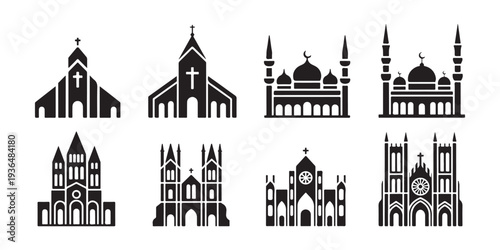 Collection of Diverse Religious Architecture Silhouettes. Churches and Mosques for Faith and Spirituality Concepts.