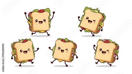 Group of five cute and happy cartoon sandwich characters with smiling faces are dancing and jumping in a fun and energetic food illustration.