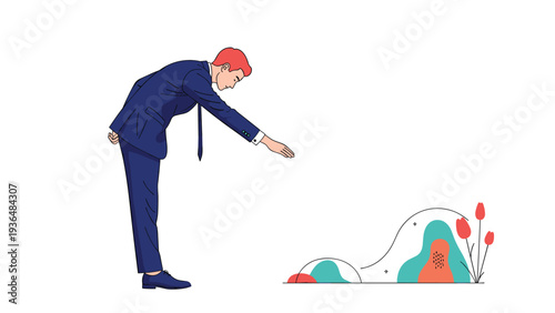 Businessman in a navy blue suit performing a respectful bow toward a decorative garden element in a professional or formal social setting.