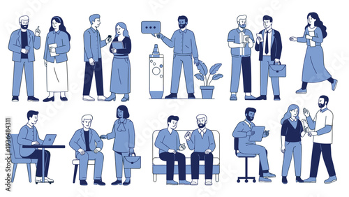 Professional people engaging in business meetings and social interactions in a modern workplace setting shown in a clean blue and white style.