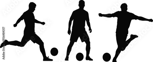 Soccer player silhouettes collection, football athletes dribbling and kicking ball, dynamic sport action vector illustration isolated for training design