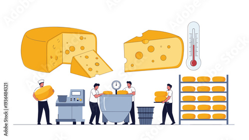 Illustration of the cheese making process showing workers handling large wheels of cheese in a dairy factory environment with quality checks.