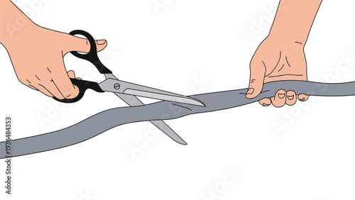Close up of hands using large metal scissors to cut through a long gray fabric ribbon during an opening ceremony or a craft project.