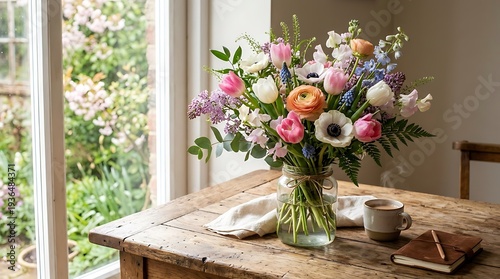Flowers in a glass vase on a wooden table with a cup and notebook