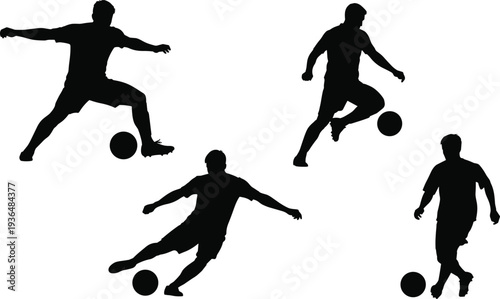 Soccer player silhouettes collection, football athletes dribbling kicking and controlling ball, dynamic sport action vector illustration isolated set
