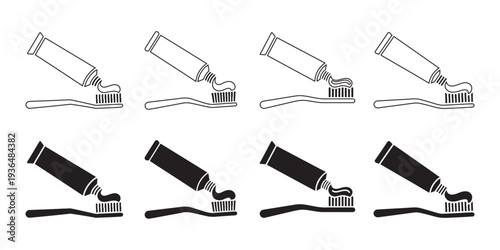 Toothpaste and Toothbrush Icons. White and Black Line Art, Creative Dental Hygiene Symbols for Oral Care & Health Design.
