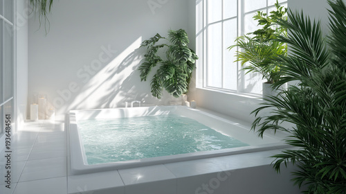A modern bathroom with a large bathtub surrounded by green plants