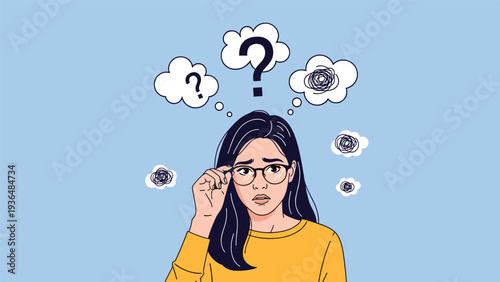 Young woman with glasses looking confused and worried as several thought bubbles with question marks and scribbles float above her head.