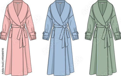 Women, coat, trench, fashion, clothing, long, sleeve, belt, elegant, apparel, garment, stylish, female, outfit, textile, design, vector, pastel, winter, collection