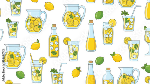 Refreshing summer pattern featuring pitchers and glasses of lemonade with lemons, limes, mint leaves, and ice cubes on a white background.