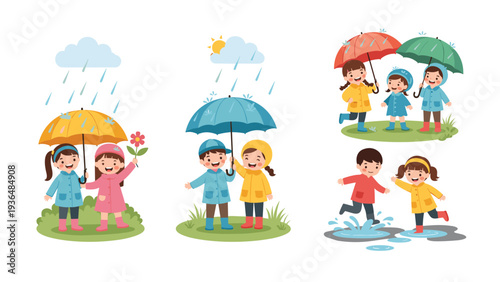 Group of happy children wearing colorful raincoats and boots playing with umbrellas and splashing in puddles on a rainy day.