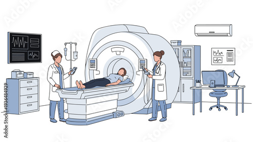 Hospital medical staff monitor a patient undergoing a diagnostic MRI scan in a modern healthcare facility equipped with advanced tech.