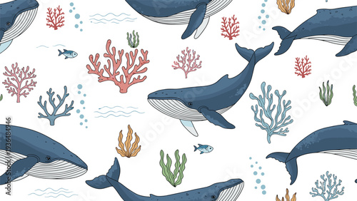 Underwater seamless pattern showcasing majestic blue whales swimming among vibrant coral reefs and floating green seaweed branches.