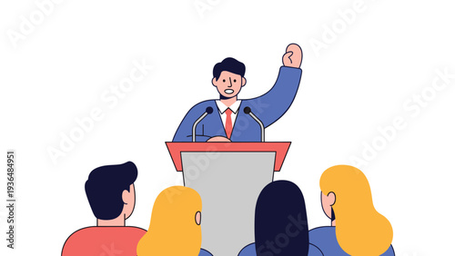 Confident politician or professional speaker stands at a podium and delivers an inspiring speech to an attentive seated audience.