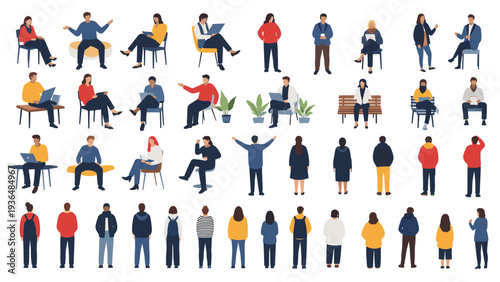 Diverse collection of people shown in various poses including sitting with laptops, standing, and viewed from behind for design use.