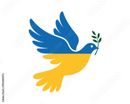 A dove carrying an olive branch in its beak, symbolizing peace and freedom, with a Ukrainian flag design.
