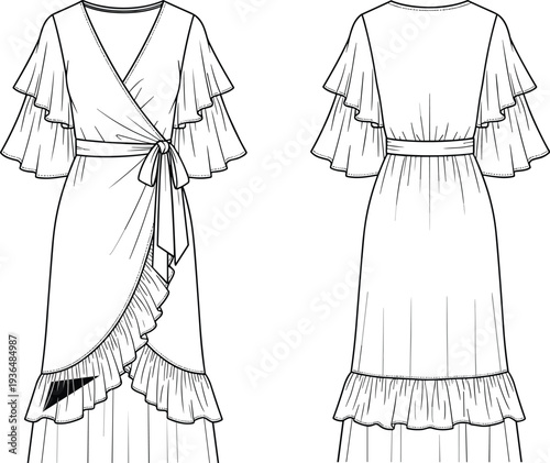 Women, dress, wrap, ruffle, fashion, clothing, elegant, apparel, garment, long, sleeve, stylish, female, outfit, textile, design, vector, front, back, template