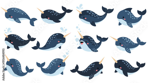 Adorable set of cartoon narwhals swimming in different directions with cute expressions and spotted patterns on their blue bodies.