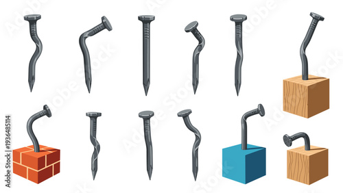 Assortment of metal nails in various conditions including straight, bent, and some driven into wood or brick blocks for carpentry.