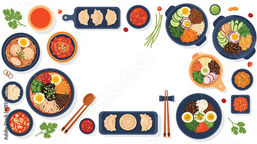 Top down view of a traditional Korean feast featuring various dishes like bibimbap, kimchi, mandu dumplings, and spicy sauces.