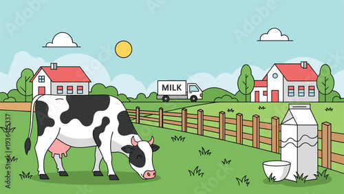 Idyllic countryside farm scene featuring a black and white cow grazing in a field with houses and a milk carton in the foreground.