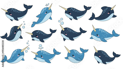 Collection of cute narwhals swimming gracefully in different poses with happy expressions and detailed tusks on a white background.