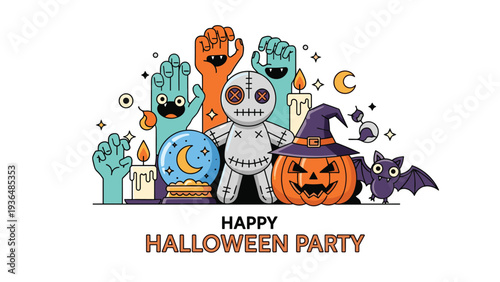 Colorful Halloween party illustration featuring a pumpkin, a voodoo doll, a bat, and zombie hands rising against a white background.