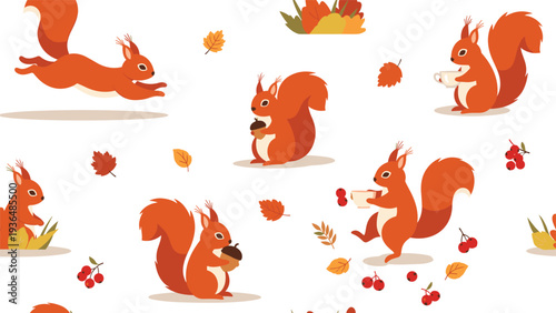 Charming seamless pattern featuring red squirrels in various poses holding acorns and teacups amongst autumn leaves and berries.
