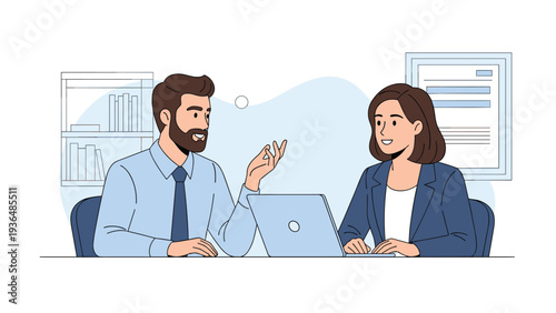 Business colleagues having a productive discussion at a desk with a laptop and documents in a modern office environment.