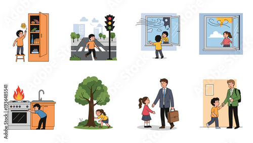 Educational scenes for children demonstrating safety rules such as crossing the street, avoiding hot stoves, and staying safe at home.