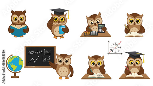 Educational set of cute cartoon owls in academic settings featuring scenes of reading, writing, calculating, and teaching at a board.