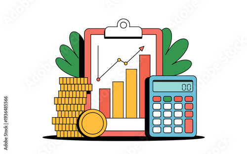 A colorful illustration of a clipboard with a bar graph and line graph, surrounded by a stack of gold coins, a calculator, and green plants, symbolizing financial growth and success.