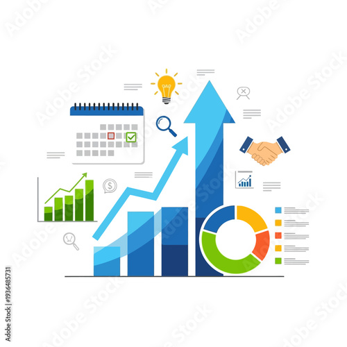 Business growth chart, pie chart, calendar, handshake, lightbulb, magnifying glass, stock market concept