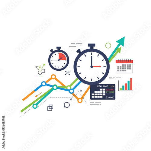 Business growth concept with stopwatch, charts, calendar and upward arrow on white background