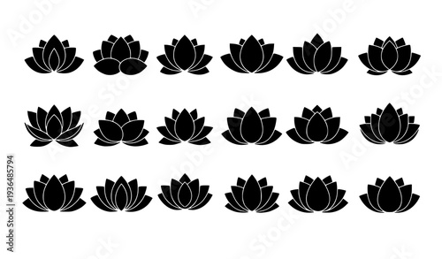 Black lotus flower icon set hand drawn silhouette logo yoga spa meditation vector illustration