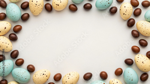 Colorful eggs and chocolate candies arranged on a flat surface for Easter celebration and decoration