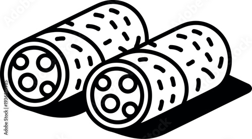 A black and white illustration of sushi rolls on a plate